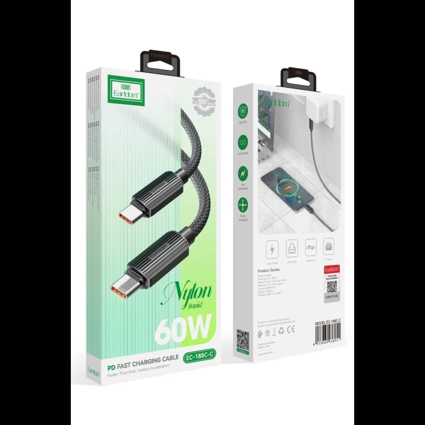 Earldom EC-188CC 1M 60W Hasırlı Type-C to Type-C PD Hızlı Şarj Kablosu
