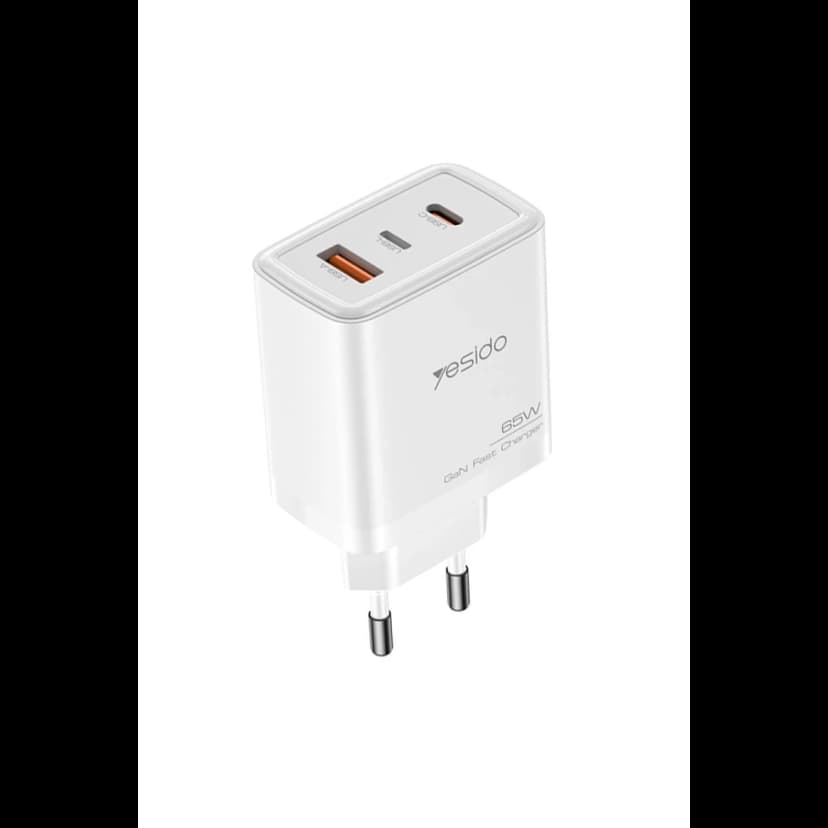 Yesido YC70 1 Adet 65W Type-C / 1 Adet 30W USB ve 1 Adet 45W Lightning Çıkışlı Ekstra 2M Type-C to Ligtning Kablolu GAN Hızlı Şarj Cihazı