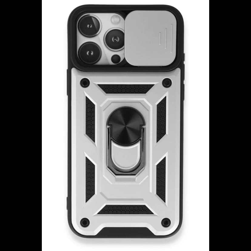 Newface Apple iPhone 15 Pro Max Kılıf Pars Lens Yüzüklü Silikon - Gümüş