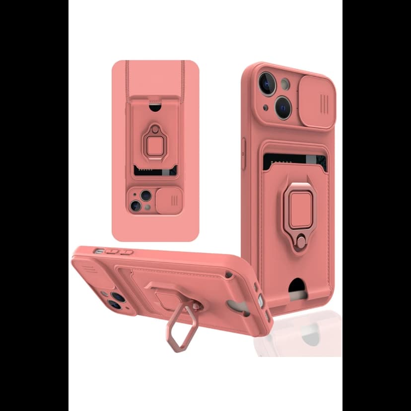 Newface Apple iPhone 15 Kılıf Zuma Kartvizitli Yüzüklü Silikon - Pembe