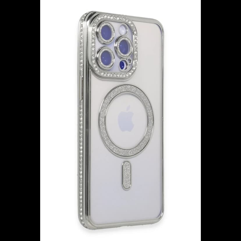 Newface Apple iPhone 15 Pro Max Kılıf Joke Simli Magneticsafe Kılıf - Gümüş