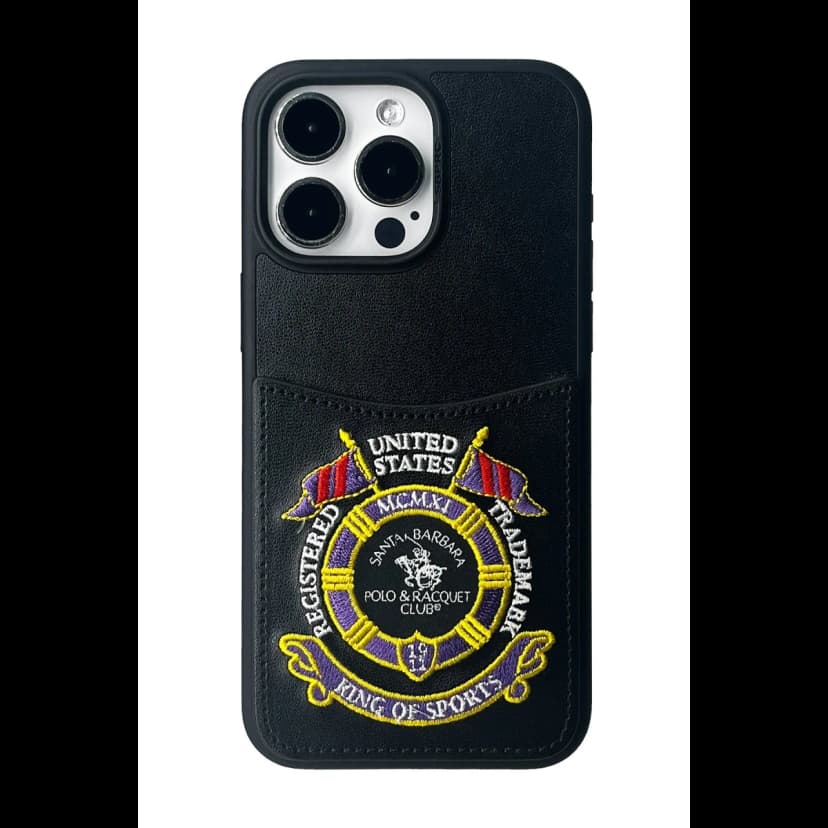 Santa Barbara Polo Racquet Club Apple iPhone 15 Pro Max Abner İçi Süet Nakış Desenli Kartvizitli Kılıf - Siyah