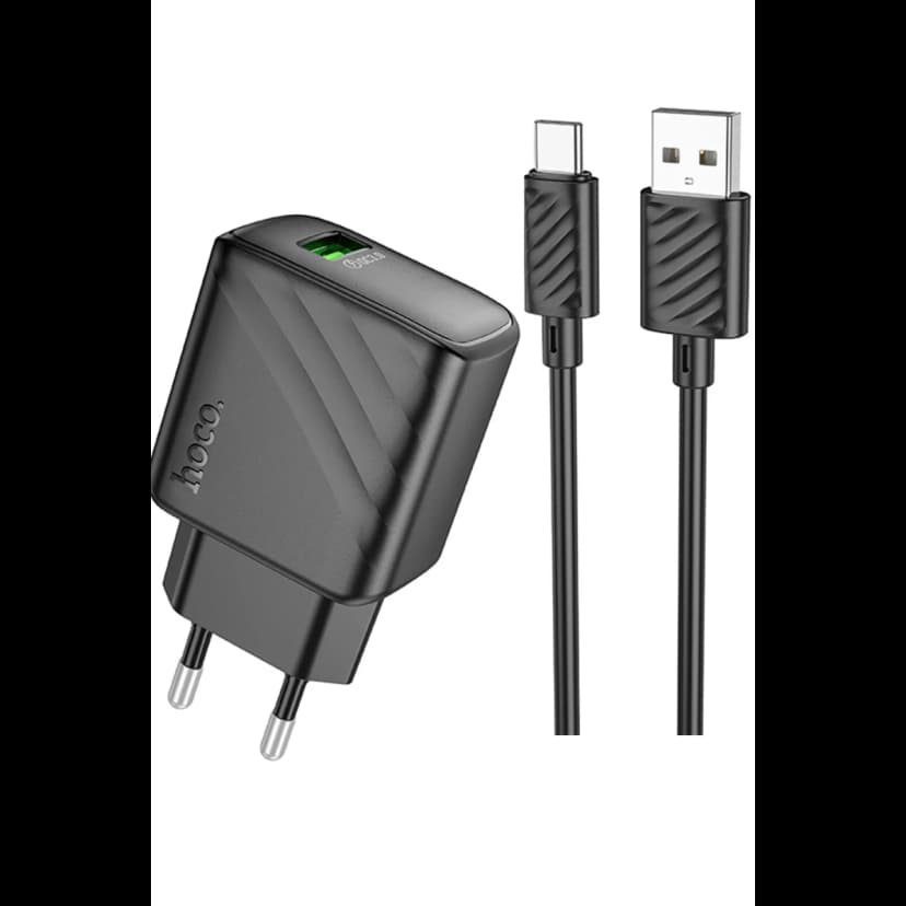 Hoco. CS21A Rich 18W USB 3.0 QC Çıkışlı Ekstra USB to Type-C Kablolu Hızlı Şarj Aleti - Siyah