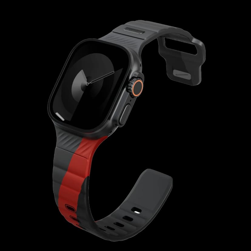 Uniq Apple Watch Ultra 49mm Stride Rubber FKM Designer Edition Silikon Kordon - Siyah-Kırmızı