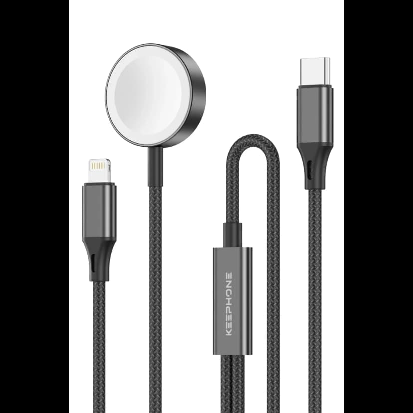 Keephone IC-014 Type-C to Lightning ve Kablosuz Saat Şarj Çıkışlı 2in1 Örgü Hızlı Şarj Kablosu - Siyah
