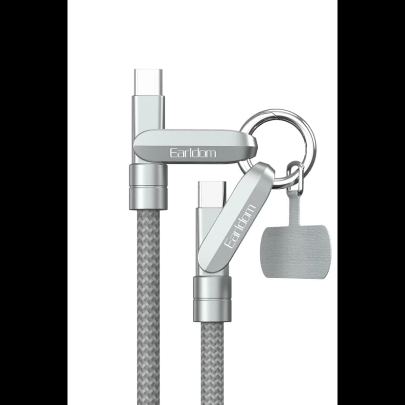 Earldom EC-208CC 1M 60W Type-C to Type-C Ekstra Boyun Askısına Dönüşme Özellikli PD Hızlı Şarj Kablosu - Gümüş