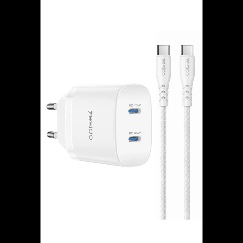 Yesido YC109 45W Çift Type-C Çıkışlı ve 1M Type-C to Type-C Kablolu PD Şarj Cihazı - Beyaz