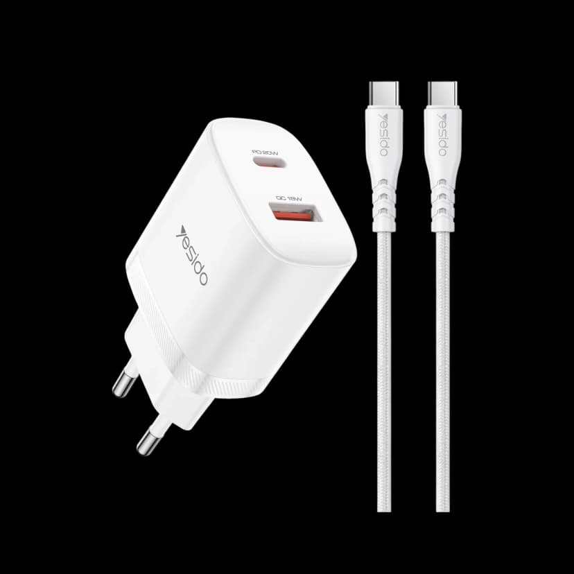 Yesido YC106 20W USB-A ve Type-C Çıkışlı Type-C to Type-C Kablolu PD Şarj Cihazı - Beyaz
