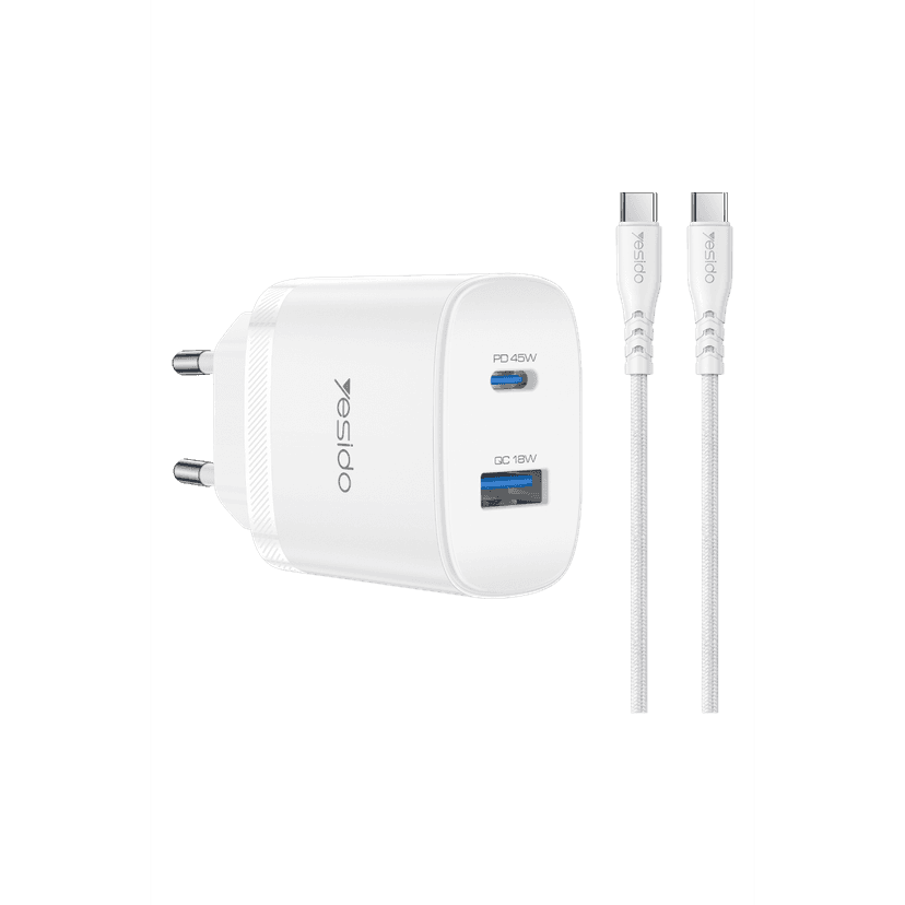 Yesido YC110 45W USB-A ve Type-C Çıkışlı 1M Type-C to Type-C Kablolu PD Hızlı Şarj Cihazı - Beyaz