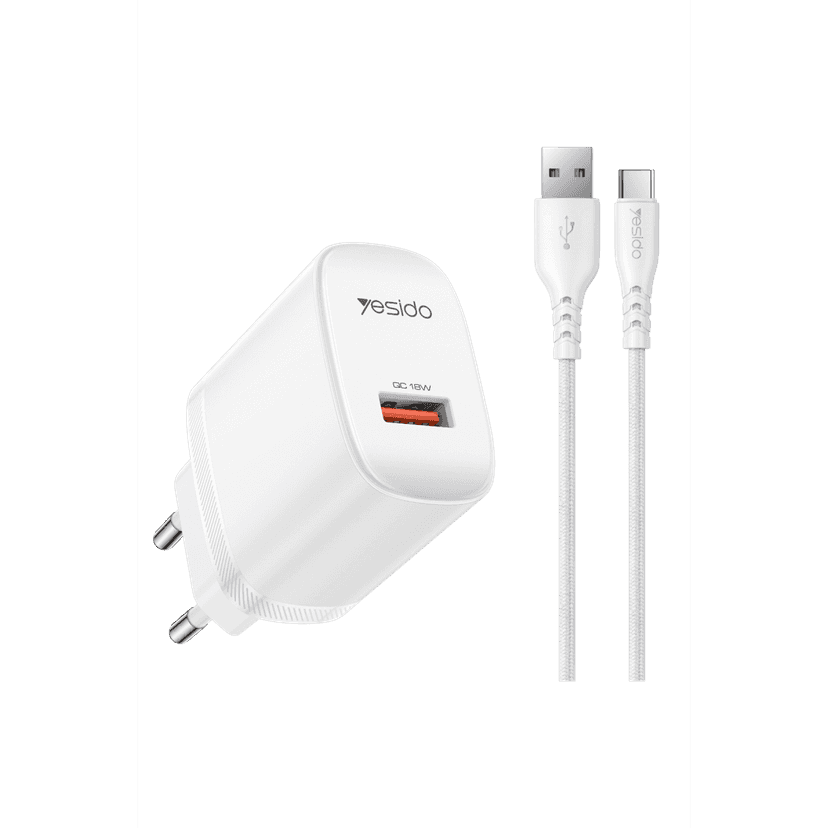 Yesido YC111 18W USB-A QC 3.0 Çıkışlı A to Type-C Kablolu Hızlı Şarj Cihazı - Beyaz