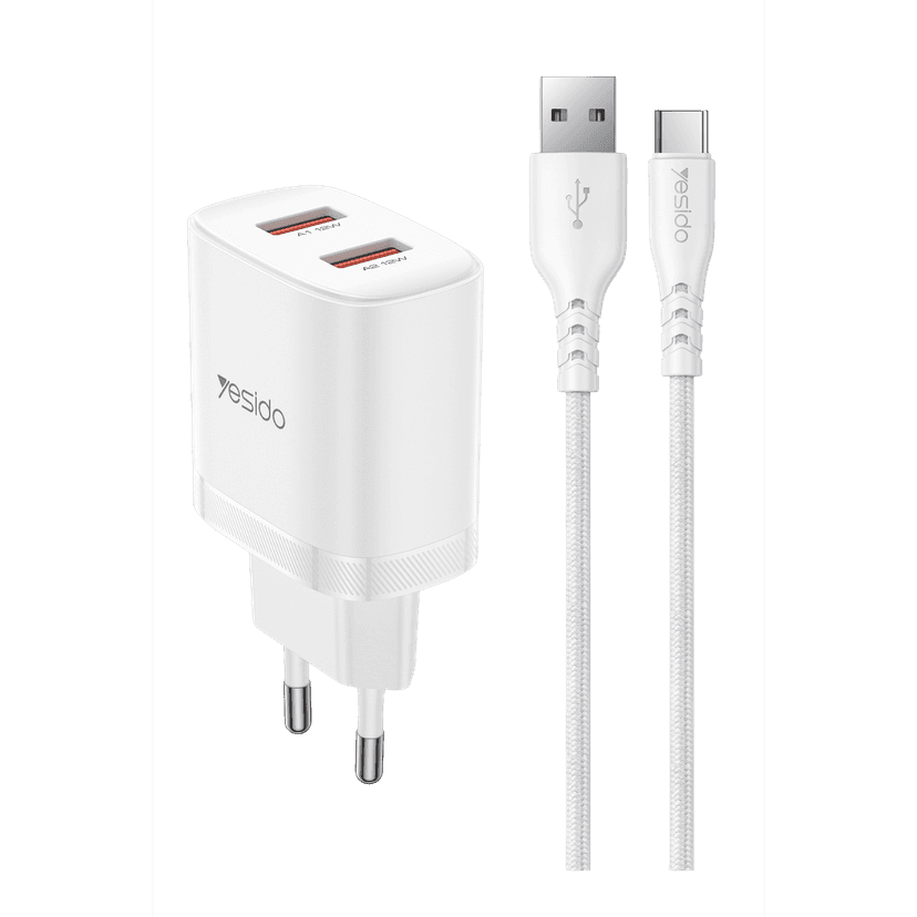 Yesido YC104 2.4A Çift USB-A Çıkışlı 1M USB-A to Type-C Kablolu Şarj Cihazı - Beyaz